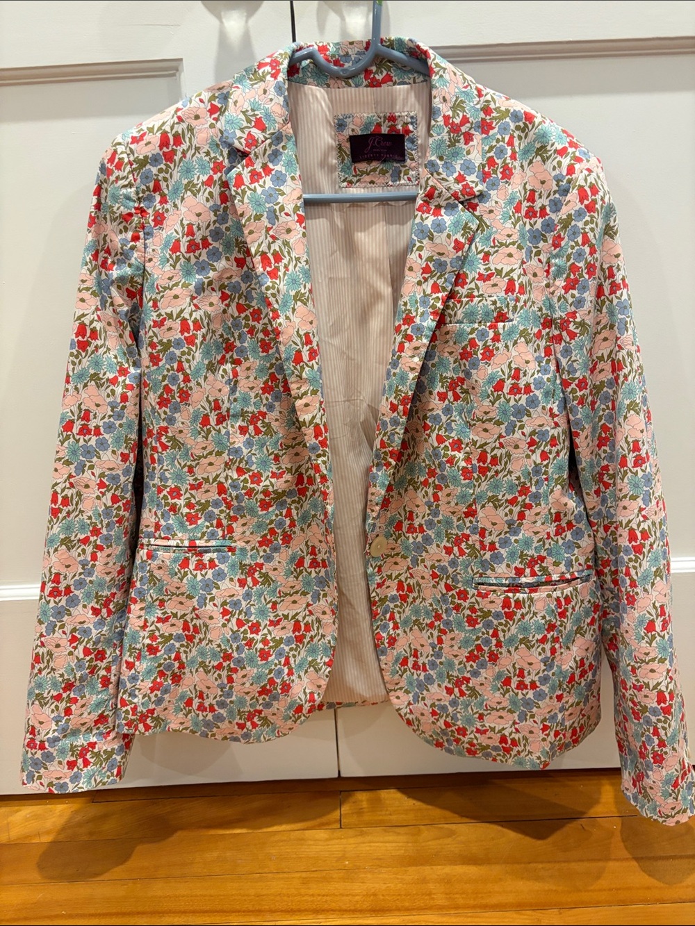 J. Crew Liberty Fabric Pink Floral Cotton Blazer with Red & Blue Accents